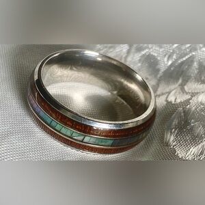 Rings for Men Size 11 Wood Inlay Dome Abalone Shell Center Band Ring